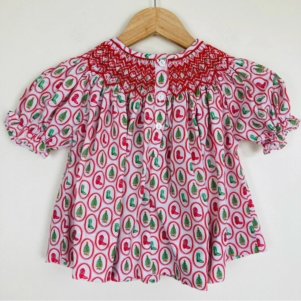 Ann + Reeves Christmas cowboy red white and green smocked top. Size 3T